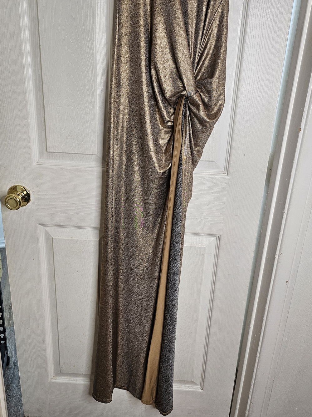 Lovers + Friends Metallic Gold Ruched Maxi Dress with High Slit - Picture 7 of 11